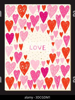 Liebe Vektor-Grußkarte oder Poster mit handgezeichneten Kritzelherzen in Rosa und Rot mit goldenen Punkten für Valentinstag-Designs Stock Vektor