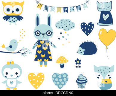 Set mit niedlichen Vektorfiguren für Babyduschen, Geburtstage und Partydesigns. Lustige Tiere und Elemente im flachen Stil in Blau und Gelb. Stock Vektor