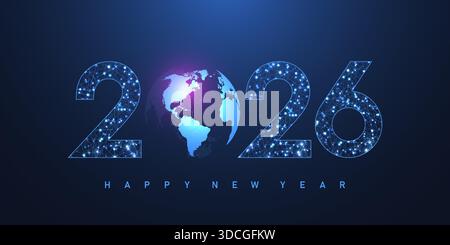 Weihnachtsposterschablone 2026 im Stil der neuen digitalen Ziffernelektronik. Digital-Banner oder -Header 2026 Silvester. Neues Jahr, fröhlich Stock Vektor