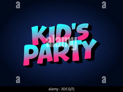 Farbenfrohes Textdesign mit den Wörtern Kids Party in verspielter Schrift vor einem dunkelblauen Hintergrund mit Punktmuster. Stock Vektor