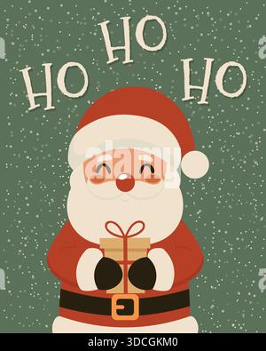 Niedlicher Weihnachtsmann, der Geschenkbox mit Ho Ho Ho Typografie auf schneebem grünen Hintergrund hält. Stock Vektor