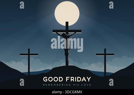 Karfreitag christlicher Hintergrund mit Silhouette von Jesus Christus am Kreuz in der Nacht. Stock Vektor