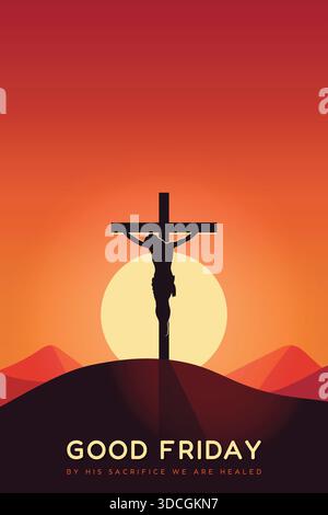 Karfreitagsbanner mit der Silhouette Jesu Christi auf dem Kreuz bei rotem Sonnenuntergang. Stock Vektor