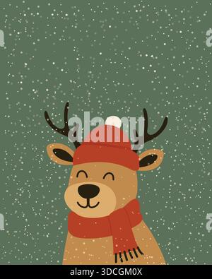 Niedliches Weihnachts-Rentier im roten Hut und Schal auf schneebedeckten grünen Hintergrund flache Vektor-Illustration. Stock Vektor