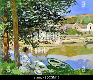 Claude Monet, am seine-Ufer, Bennecourt, 1868, impressionistisches Öl, Flussufer mit Bäumen und reflektierendem Wasser. Stock Vektor