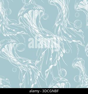 Nahtloses Unterwassermuster mit weißen handgezeichneten Quallen und Wasserblasen auf blauem Hintergrund. Handgezeichnete Illustration für Meerestiere Stock Vektor