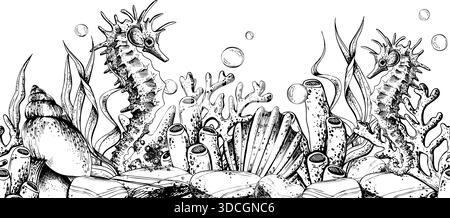 Zwei Seepferdchen- und Muschellinien. Handgezeichnete Meerestier- und Unterwasserwelt-Illustration. Hintergrund für Wasserthemen. Nahtloses Rahmenmuster Stock Vektor