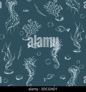 Marineblaues nahtloses Muster mit Quallen, Seepferden, Korallen und Fischen. Handgezeichnete Unterwasserillustration für Hintergründe und Tapeten Stock Vektor