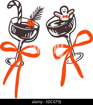 Von Hand gezeichnete Buntstifte kritzelnd zwei Weihnachts-Cocktailgläser mit Pfefferminze, Zuckerrohr und Lebkuchen. Weihnachtsmartini, heißer Wein, Margarita-Drink. Stock Vektor