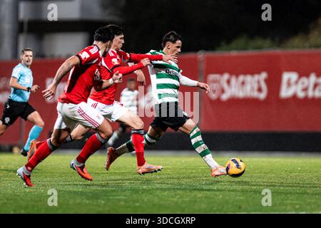 Seixal, Lissabon, Portugal. Dezember 2025. Rafael Nel von Sporting CP B läuft mit dem Ball während des Liga Portugal Meu Super Matches zwischen SL Benfica B und Sporting CP B am 22. Dezember 2025 auf dem Benfica Campus in Lissabon, Portugal. (Kreditbild: © Davide Puglisi/ZUMA Press Wire) NUR REDAKTIONELLE VERWENDUNG! Nicht für kommerzielle ZWECKE! Stockfoto