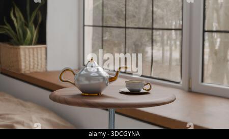Rendering eines 3D-Modells mit Porzellan-Teekanne und -Tasse mit goldenem Rand. Stockfoto