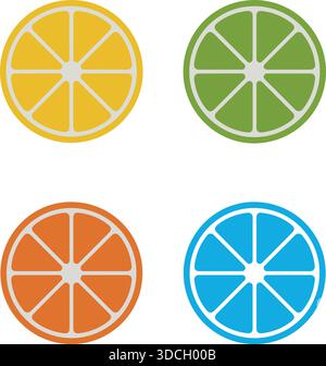Farbe Zitrusscheibe Silhouette Vektor Ikonen von Zitrone Limette Orange und blaue Frucht Stock Vektor