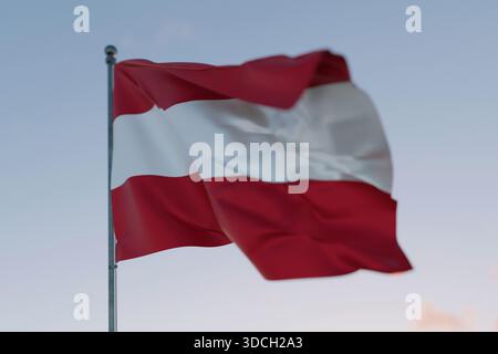 Die Nationalflagge Österreichs winkt im Wind gegen einen klaren Himmel und symbolisiert Patriotismus, Unabhängigkeit, Nationalstolz und Einheit. Freiheit, Kreativität. Stockfoto