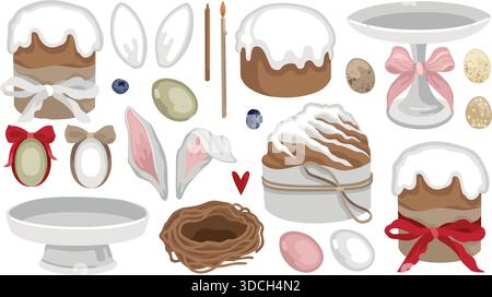 Handgezeichnete Osterillustrationen Set mit Osterkuchen und gefärbten Eiern, Vogelnest und Bögen und Kerzen, Frühlingsferien-Kollektion Stock Vektor