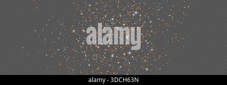 Glitzerpartikel auf transparentem Hintergrund. Gold- und Silberstaub mit funkelnden Sternen. Festliches Puder mit Überlagerungseffekt. Magischer Sternenstaub für Poster, Stock Vektor