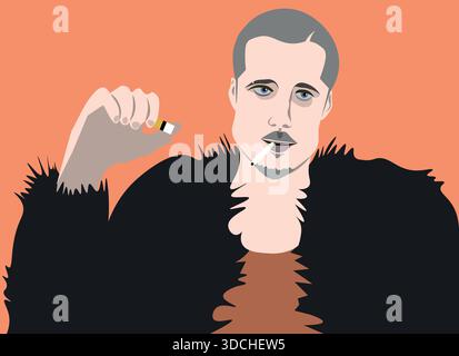 Rasierter Mann, der Zigarette im Pelzmantel raucht, flache Vektor-Illustration Stock Vektor