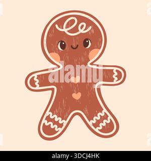 Netter Lebkuchenmann mit weißen Zuckerglasdetails, rosa Herzknöpfen und Gesicht, milchiger Hintergrund, handgezeichneter Kritzelvektor mit gemütlichen gedeckten Farben für Kinder Stock Vektor