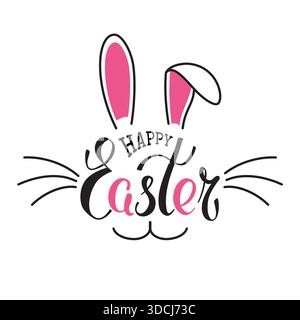 Happy Easter Hase-Poster-Schriftzug. Osterhasenohren. Handgeschriebenes Typografie-Logo eines süßen Kaninchens. Handgezeichneter lustiger Hase. Postgrußkarte Stock Vektor