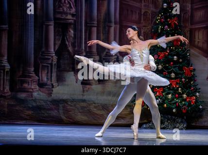 Nairobi, Nairobi, Kenia. Dezember 2025. Balletttänzer des Moskauer Staatlichen Akademischen Theaters treten am 22. Dezember 2025 bei der russischen Ballettgala in Nairobi auf. Unter der Leitung von Victor Davydov, dem künstlerischen Leiter, präsentierten die Tänzer eine Reihe von Acts, darunter Tänze aus dem zweiten Akt des Balletts der Nussknacker, Weiße Adagio aus dem Ballett Schwanensee sowie den Ozean und die Perlen Pas de Trois aus dem Ballett das kleine Buckelpferd von Pjotschaikowski Taikowski Tschaikowski. Die Gala ist eine Feier der Kunstfertigkeit mit dem Ziel, den kulturellen Austausch zu fördern. (Bild: © Kevin Midigo/ZUMA Press Wire) E Stockfoto