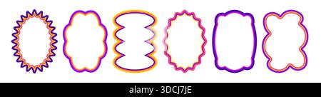 Rahmen mit Muschelrand, gewellten Kanten und knackigen Formen. Rechteckige, runde oder ovale Rahmen im Y2K-Stil in leuchtenden Farben mit niedlichen kurvigen Linien, funkigen Mustern und Retro-Starburst-Designs. Stock Vektor
