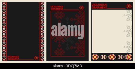 Ukrainisches Poster-Set mit Stickerei – traditionelles Muster im geometrischen Stitchstil. Volkstümliche Vyshyvanka-Motive mit ethnischen Kreuznähten, floralen Symbolen und Rahmendekorationen Stock Vektor