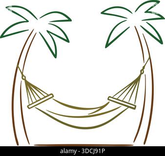 Minimale Linienzeichnung einer Hängematte zwischen zwei gekrümmten Palmen, die einen tropischen Ort zum Entspannen nahe legt. Stock Vektor