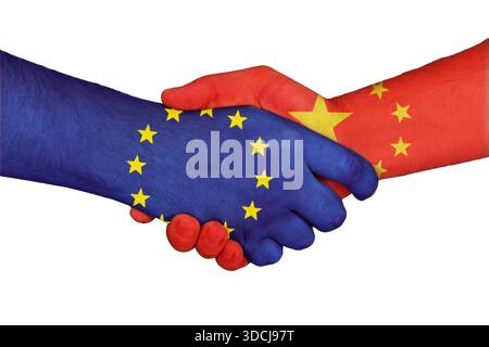 Die Europäische Union und China haben sich mit den Händen bemalt, Handel und Diplomatie. Stockfoto