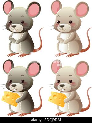 Vier entzückende Cartoon-Mäuse, zwei mit Käse, in einem hellen, verspielten Vektor-Art-Stil Stock Vektor