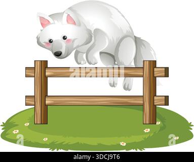 Cartoon-Polarfuchs springt über Holzzaun, grüner Grasboden, weiche Pastellfarben Stock Vektor
