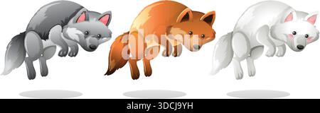 Vektor-Illustration von grauen, roten und weißen Füchsen, die springen, Zeichentrickstil, isoliert auf weiß Stock Vektor