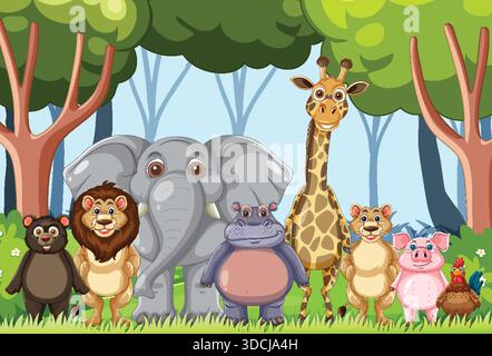 Bunte Vektor-Illustration von verschiedenen Zeichentricktieren zusammen in einer hellen Waldumgebung Stock Vektor