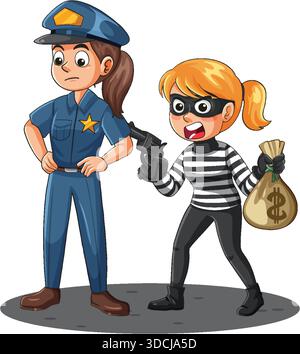 Karikaturvektor der bewaffneten Dieb bedrohende Polizistin, kühne Farben, klare Umrisse, weißer Hintergrund Stock Vektor