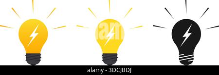 Glühlampensymbol mit Blitz innen. Die elektrische Lampe leuchtet. Ideenlösung und Inspiration. Elektrische Energie. Beleuchtete Glühlampe. Geniales Thi Stock Vektor