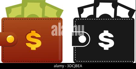 Ledergeldbörse mit Papierscheine und Dollarschild. Schwarze Silhouette. Finanzieller Erfolg. Geldscheine im Beutel. Bankzahlung. Reicher Geschäftsmann Stock Vektor