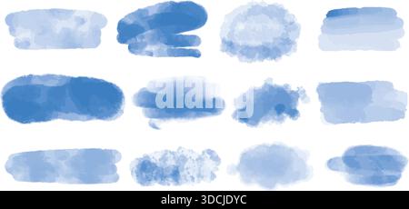 Set mit blauen Meeresaquarellen. Tiefblaue, durchscheinende Pinselstriche verschiedener Formen. Wolkige Naturtöne, strukturierter Hintergrund, farbiger Hintergrund Stock Vektor