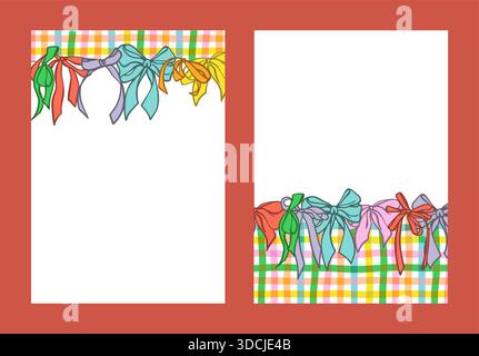 Set handgezeichneter Bandrahmen und Rahmen im Coquette-Stil. Bunte Bögen Girlande auf kariertem Hintergrund für Grußkarte, Einladung, Hochzeit, Kindergeburtstag. Urlaubsclipart im Vintage-Skizzenstil. Stock Vektor