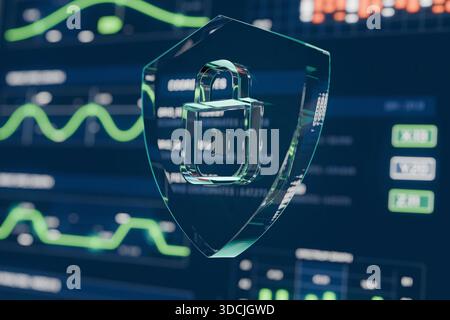 Cybersicherheitskonzept mit leuchtendem Vorhängeschloss-Schild über Finanzdaten-Diagrammen, das Online-Sicherheit, Verschlüsselung, Datenschutz und digitale Inhalte symbolisiert Stockfoto