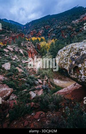 Fluss fließt durch eine tiefe Schlucht mit roten Felsformationen und Herbstlaub in den Bergen von Teruel, Aragon, Spanien Stockfoto
