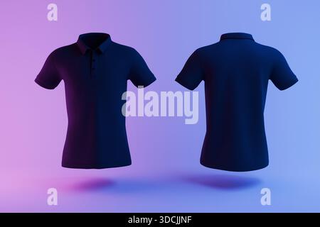 Minimalistisches schwarzes Modell-Poloshirt auf leuchtendem rosa und blauem Hintergrund mit Farbverlauf, modernes Modekonzept, stylisches Modell für Branding, Werbung Stockfoto