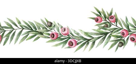 Nahtloser Rand aus Eibenzweig mit rosa Beeren und immergrünem Laub. Handgezeichnetes Aquarell mit leuchtender und farbiger Bleistiftstruktur. Festlicher Garlan Stockfoto