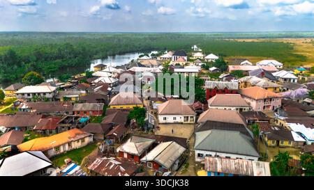 Blick aus der Vogelperspektive auf Dächer in verschiedenen Farben um den Fluss herum vor einem Hintergrund von dichtem Wald, Soku Community, Port Harcourt, Nigeria. Stockfoto