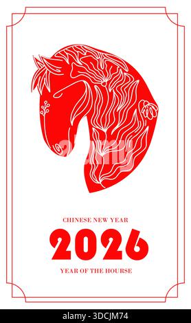Grußkarte im minimalistischen Stil für das chinesische Neujahrsfest 2026. Zodiac Pferdeform mit Blütenmuster. Happy Chinese New Year Banner. Stock Vektor