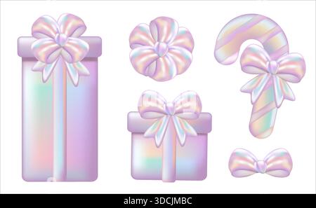 Holografische 3D-Coquette-Schleifen und Geschenkschachtel mit rosafarbenem Chrom im Y2K-Stil. Weihnachtselement für Einzelhandel, Shopping oder Weihnachtsaktion. 3D-Blase aus Chrom. Stock Vektor