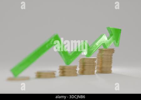 Stapel von Münzen mit einem steigenden grünen Pfeil, der Investitionserfolg, Finanzwachstum, steigende Gewinne und positive wirtschaftliche Trends symbolisiert. Bankdep Stockfoto
