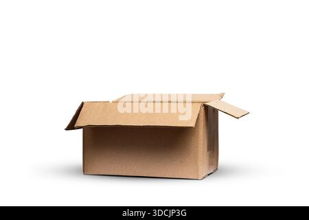 Seitenansicht der offenen Pappschachtel isoliert auf weiß Stockfoto