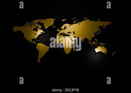 Goldene Weltkarte auf schwarzem Hintergrund symbolisiert globale Karrieremöglichkeiten, internationale Personalstrategie, Führung, Geschäftserfolg und weltweite p Stockfoto