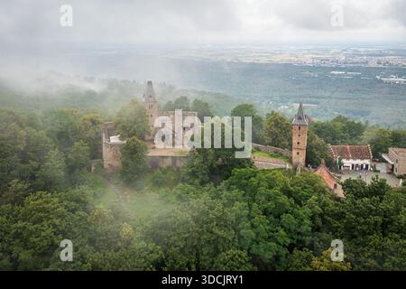 Blick aus der Vogelperspektive auf die Burg Frankenstein, eine mittelalterliche Burgruine, die in Nebel gehüllt ist, mit ihren Steintürmen, die durch das Baumkronchen ragen, Mühltal, Hessen, Stockfoto