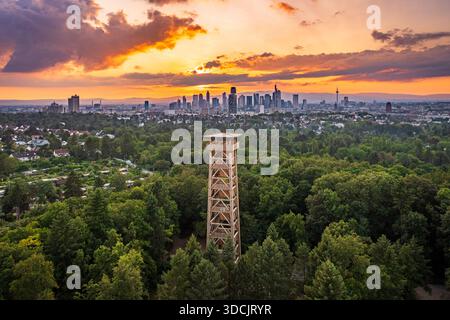 Aus der Vogelperspektive erhebt sich der Goetheturm-Turm aus dem grünen Baldachin mit der Skyline von Frankfurt vor einem feurigen Sonnenuntergang, Frankfurt am Main, Hessen Stockfoto