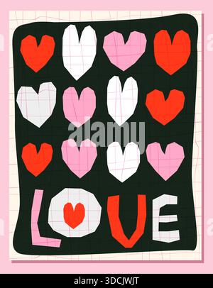 Vektor-Grußkarte mit niedlichen modernen Herzen in Rosa und Rot auf schwarzem Hintergrund, Bold Modern Love Grußkarte für Valentinstag, Poster, sozial Stock Vektor