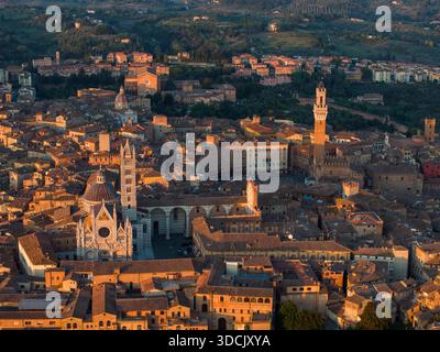 Blick aus der Vogelperspektive auf das goldene Licht, das die historische Piazza del Campo und den Dom taucht und lange Schatten über die Terrakotta-Dächer wirft., Siena, Toskana, Stockfoto